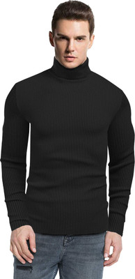 Clothify Self Design Turtle Neck Casual Men Black Sweater