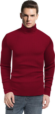 Clothify Self Design Turtle Neck Casual Men Red Sweater