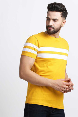 TeeWink Striped Men Round Neck Yellow T-Shirt