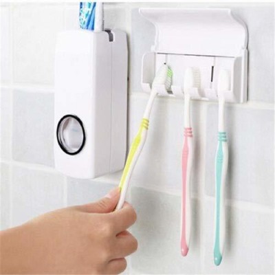 AmSquare Automatic Toothpaste Dispenser with 5 Tooth brush Holder Plastic Toothbrush Holder(White, Wall Mount)
