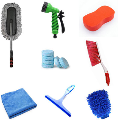 Kanya Duster, Water Spray Gun, Sponge, 2 Pcs Magic Glass Cleaner Tablet, Carpet/Mats Brush, Hand Gloves, Wiper, Cloth 250 GSM 40x40 Cms Combo