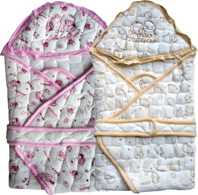 Swito Mart Printed Single Hooded Baby Blanket for  Mild Winter(Cotton, Blue, Pink)