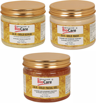 BEAUCODE BioCare 24K-Gold Face & Body Mask and Scrub and Gel Pack of-3 (500g)(3 Items in the set)
