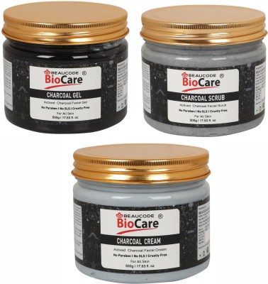 BEAUCODE BioCare Charcoal Facial kit Scrub-Gel-Cream For Women & Men For All Skin Types(3 x 500 ml)
