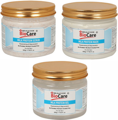BEAUCODE BioCare Milk Protein Face & Body Mask and Scrub and Gel Pack of-3 (500g)(3 Items in the set)