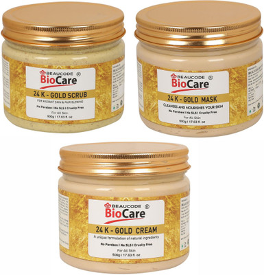 BEAUCODE BioCare 24K-Gold Face & Body Mask and Scrub and Cream Pack of-3 (500g)(3 Items in the set)