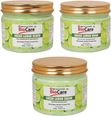 BEAUCODE BioCare Green Lemon Face & Body Mask and Scrub and Cream Pack of-3 (500g)(3 Items in the set)