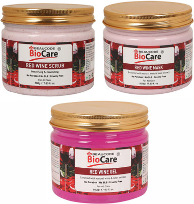 BEAUCODE BioCare Red Wine Facial Kit Scrub-Mask-Gel For Women & Men For All Skin Types(3 x 500 ml)