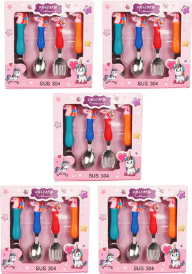 AARVI Stainless Steel Unicorn Design Tableware Cutlery Spoon and Fork Set for Kids Babies (Set Includes 2 Forks & 2 Spoons) (Set of 5) Stainless Steel Cutlery Set(Pack of 4)