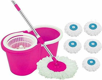 JSN Spin Mop with 6 Microfiber Refill Mop Set(Pink)
