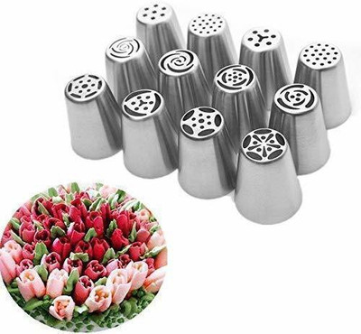 H&M Store 12 Pcs Russian Nozzles Set | Stainless Steel Reusable Decorating Nozzles Set | Russian Ruffle Skirt Icing Piping Tips | Cake Decorating Tool Stainless Steel Round Icing Nozzle(Silver Pack of 12)