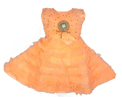 DLF COLLECTION Baby Girls Midi/Knee Length Festive/Wedding Dress(Orange, Sleeveless)