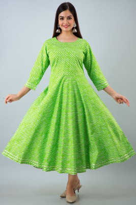 Lee Moda Women Striped Anarkali Kurta(Green)