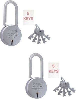 Foora 5 Keys Lock Long Shackle Steel Round 65mm (Pack of 2 ) Silver Padlock(Silver)