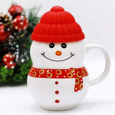 Creative Ceramic Ceramic Snow Man With Silicon Lid Cover(1 Piece) For Kids 350 ml (Red) Ceramic Coffee Ceramic Coffee Mug(350 ml)