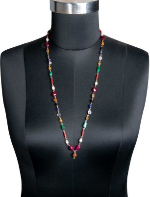 Cyan spritual Natural & Genuine Navratna Mala 9 Gems Mix Beads In Metal Chain Stone Stone Necklace Set