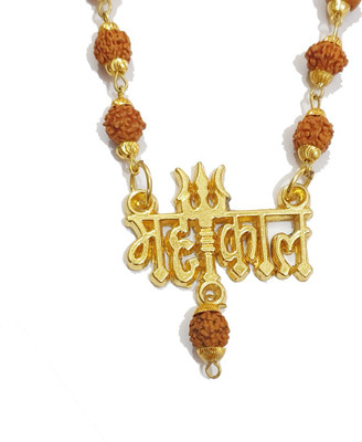 RootsBranches Religious Jewellary Lord Shiv Mahakal Locket With Puchmukhi Rudraksha Mala Beads Brass, Wood Pendant Set,Gold Plated Rudraksh Mala With Mahakaal Trisul Pendant Beads Gold-plated Plated Metal Chain