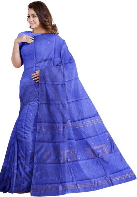 Tanisha Saree House Checkered Handloom Cotton Blend Saree(Blue)