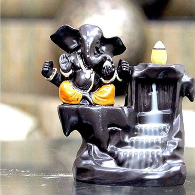 AROHI ENTERPRISES Smoke Ganesha Smoke Fountain Backflow incense burner with 10 Smoke Backflow Incense Cone|Ganesh Ji Murti|Lord Ganesha idols for car dashboard Polyresin Incense Holder Polyresin Incense Holder Decorative Showpiece  -  14 cm(Polyresin, Yellow, Black)
