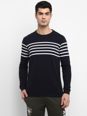 Alan Jones Striped Men Round Neck Dark Blue T-Shirt