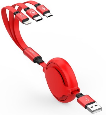 Soopii Lightning Cable 2 A 1.2 m High Quality TPU - Micro, Type-C & S28 Portable Flat 3 In 1 USB Cable, Round Dual Retractable Adjustable Length(Compatible with Apple, Micro, Type C, MP3 / MP4 Player, Mobile Phone, Red, One Cable)