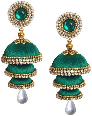 Sanj Sanj Big Three Step Silk Thread Earrings Jhumki For Women Hook Dangle Silk Dori Jhumka Earrings For Girls Beads Earring Set Pearl Fabric Jhumki Earring