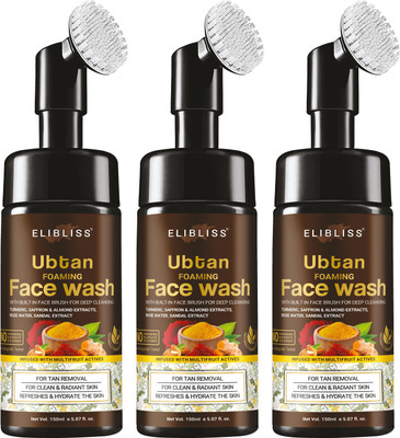 ELIBLISS Ubtan Foaming with Built-in Brush, For Clear And Radiant Skin - With Saffron, Rose And Turmeric Extract,  Pack Of 3 Face Wash(450 ml)