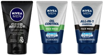 NIVEA Men Deep Impact 100 ml , Oil Control 100 Ml , All In One Charcoal 100 Ml (Pack of 3) Face Wash(300 ml)