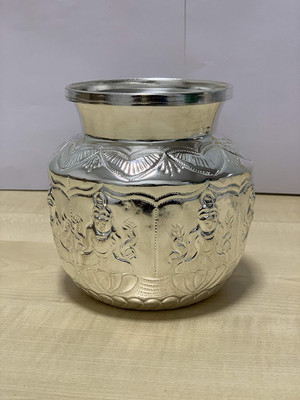 Dalvkot Ashta Lakshmi Design Pooja Chambu Kalash Lota of White Metal for Puja (Big, L x D x H : 12 x 12 x 12 cm) Brass Kalash(Silver)