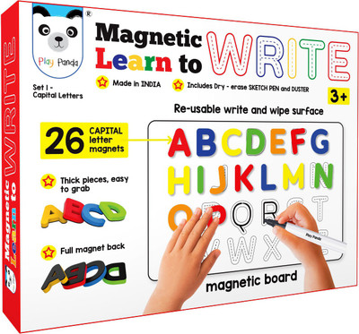 PLAY PANDA Magnetic Learn to Write Capital Letters - Includes Write and Wipe Magnetic Board, 26 Capital Letter Magnets, Dry Erase Sketch Pen and Duster - Simplify Teaching & Learning.(Red)