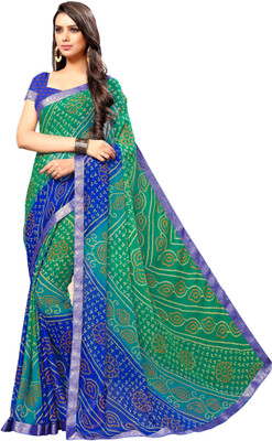 The Fashion Attire Printed Bandhani Chiffon Saree(Green, Blue)