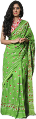Clothonus Printed Ikkat Pure Cotton Saree(Green)