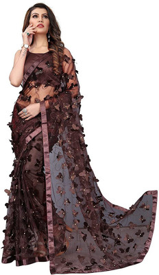 DHANICREATON Applique Bollywood Net Saree(Brown)