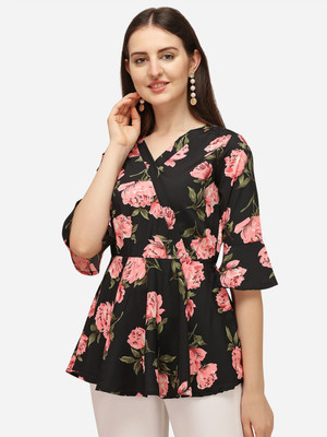 Prettify Casual Half Sleeve Printed Women Black Top