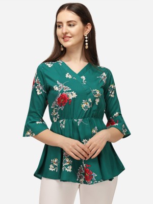 Prettify Casual Half Sleeve Printed Women Green Top