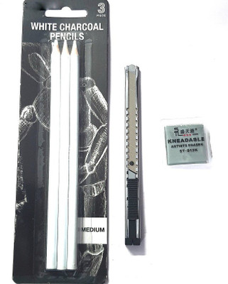 ARTTWALA 3PCS WHITE CHARCOAL PENCIL , 1PC OF PAPER CUTTER KNIFE , 1 PC OF KNEADABLE ERASER COMBO SKETCHING KIT FOR PROFESSIONAL ARTISTS
