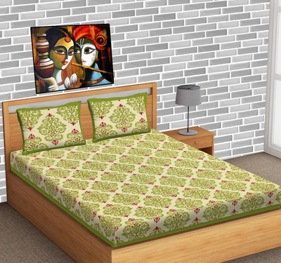 E ELMA Cotton Double Flat 144 TC Jaipuri Prints Bedsheet(Pack of 1, Green, White)