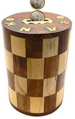 Levasto Chess Pattern Embosed Cylendrical Shaped Wooden Coin Saving Box - Piggy Bank - Money Bank - Gifts for Kids, Girls, Boys & Adults Coin Bank Coin Bank(Brown)