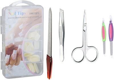 Nyamah sales 100 Pcs Reusable Acrylic False Nails With Nail Glue 3 PCS Nail Filer with Stainless Steel Scissor and Tweezers Combo Set for Girls and Women Professional Nails Art Tools Set(5 Items in the set)