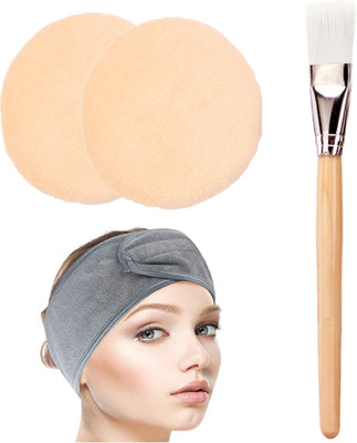 MYYNTI Round Powder Puff with Facial Headband and Wooden Brush Cotton Soft Sponge Blusher Applicator Makeup Tools Portable Blender Foundation Brush for Face Body (Pack of 4)(3 Items in the set)