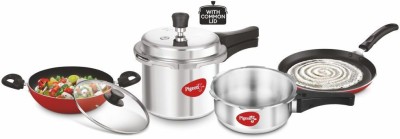 Pigeon by StoveKraft Limited 2 and 3 litre Pressure Cooker Outer Lid, 1 Flat Tawa 250 mm and 1 Kadai 240mm with Glass Lid Cookware Set(Aluminium, 4 - Piece)