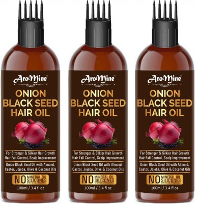 AroMine Onion Black Seed Hair Oil for Hair Growth for (Kalonji Oil) Dandruff & Hairfall Control With Comb Applicator- 100ml-Packof-3-Bottle- Hair Oil(300 ml)