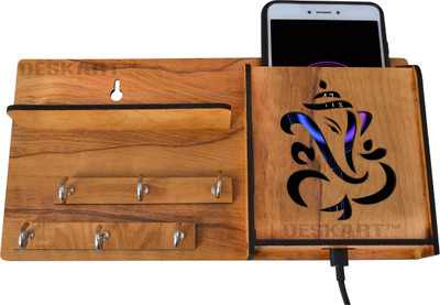 GENIYO Multipurpose Wooden Key Holder With Mobile Stand & Wall Shelf Rack & 6 Hangers Wood Key Holder(6 Hooks, Brown)