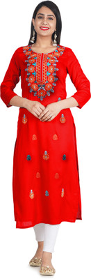 ELVISH JAIPUR Women Embroidered Straight Kurta(Red)