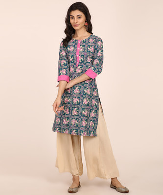 Anmi Floral Print Women Straight Kurta(Dark Green)