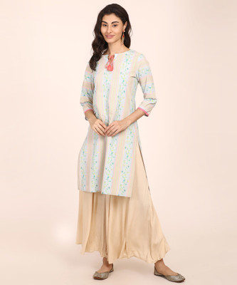 Anmi Floral Print Women Straight Kurta(Light Blue)