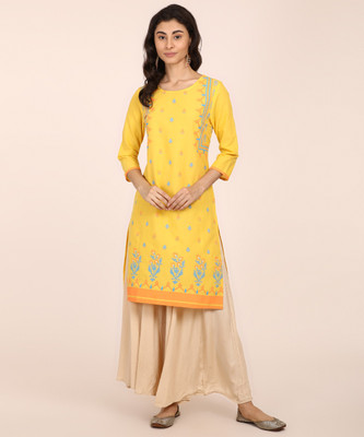 Anmi Printed Women Straight Kurta(Yellow)