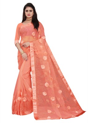 fashion Day Embroidered Bollywood Net Saree(Orange)