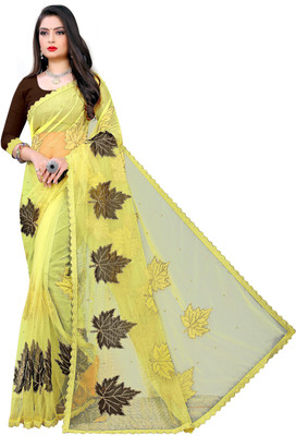 Fashion Day Embroidered Bollywood Net Saree(Brown, Yellow)