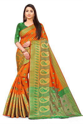 Leeza Store Paisley Banarasi Cotton Silk Saree(Orange)